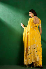 Yellow Cotton Blend Foil Print Saree