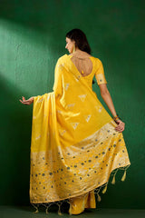 Yellow Cotton Blend Foil Print Saree