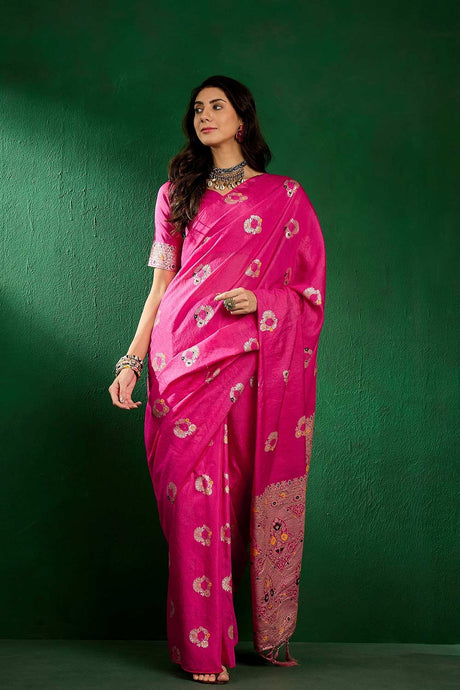 Pink Cotton Blend Foil Print Saree