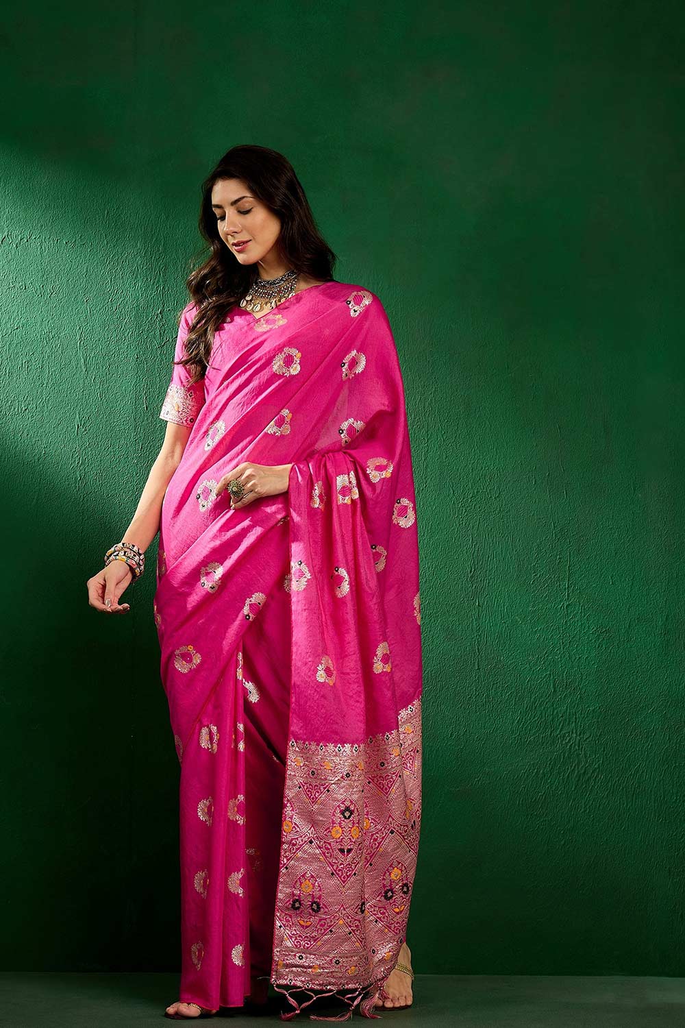 Pink Cotton Blend Foil Print Saree