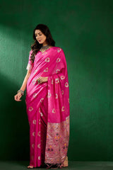 Pink Cotton Blend Foil Print Saree