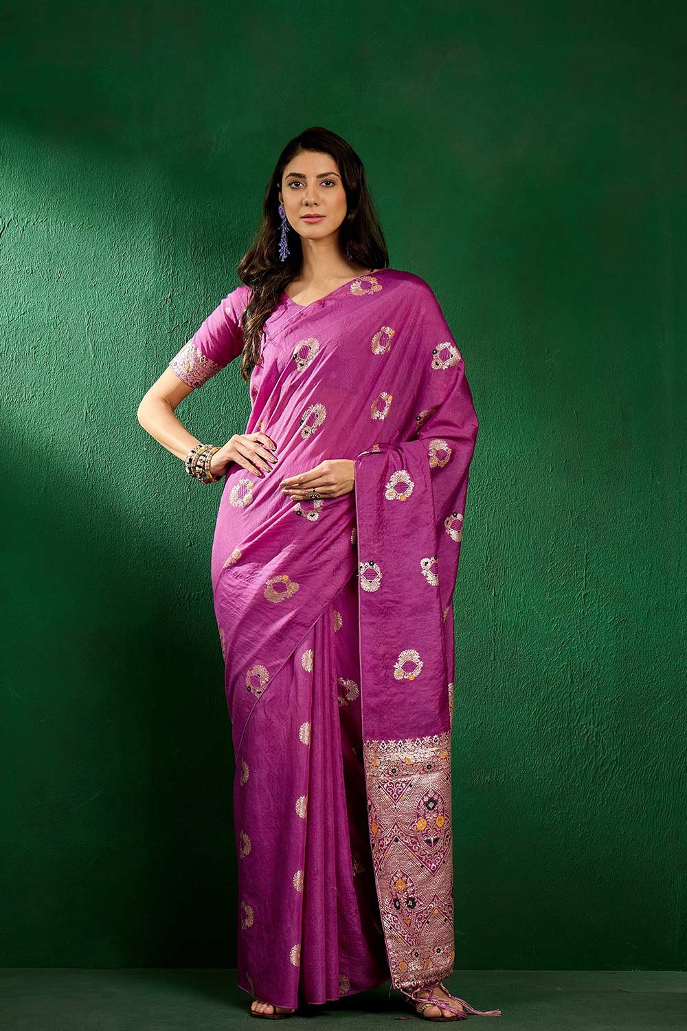 Purple Cotton Blend Foil Print Saree