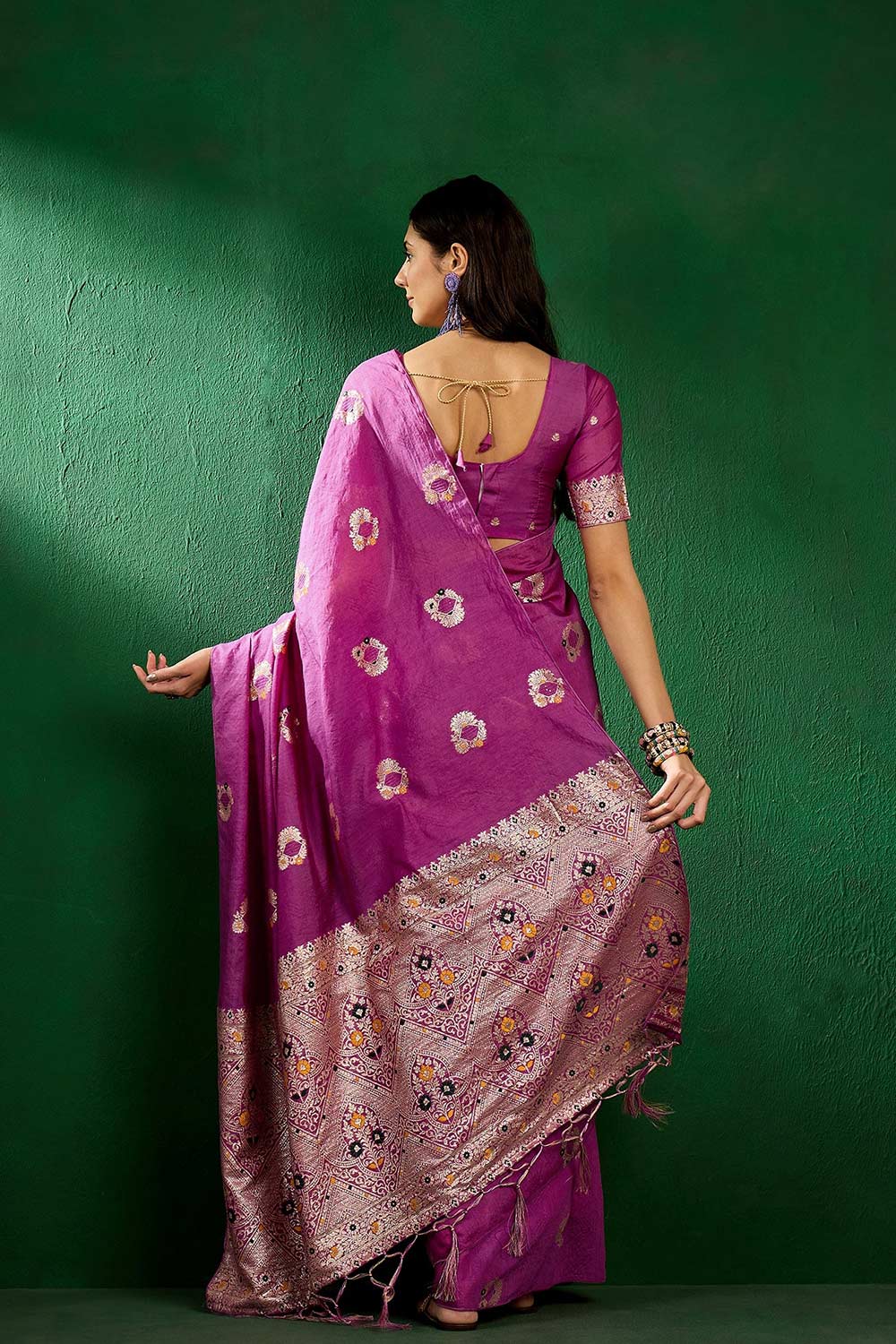 Purple Cotton Blend Foil Print Saree