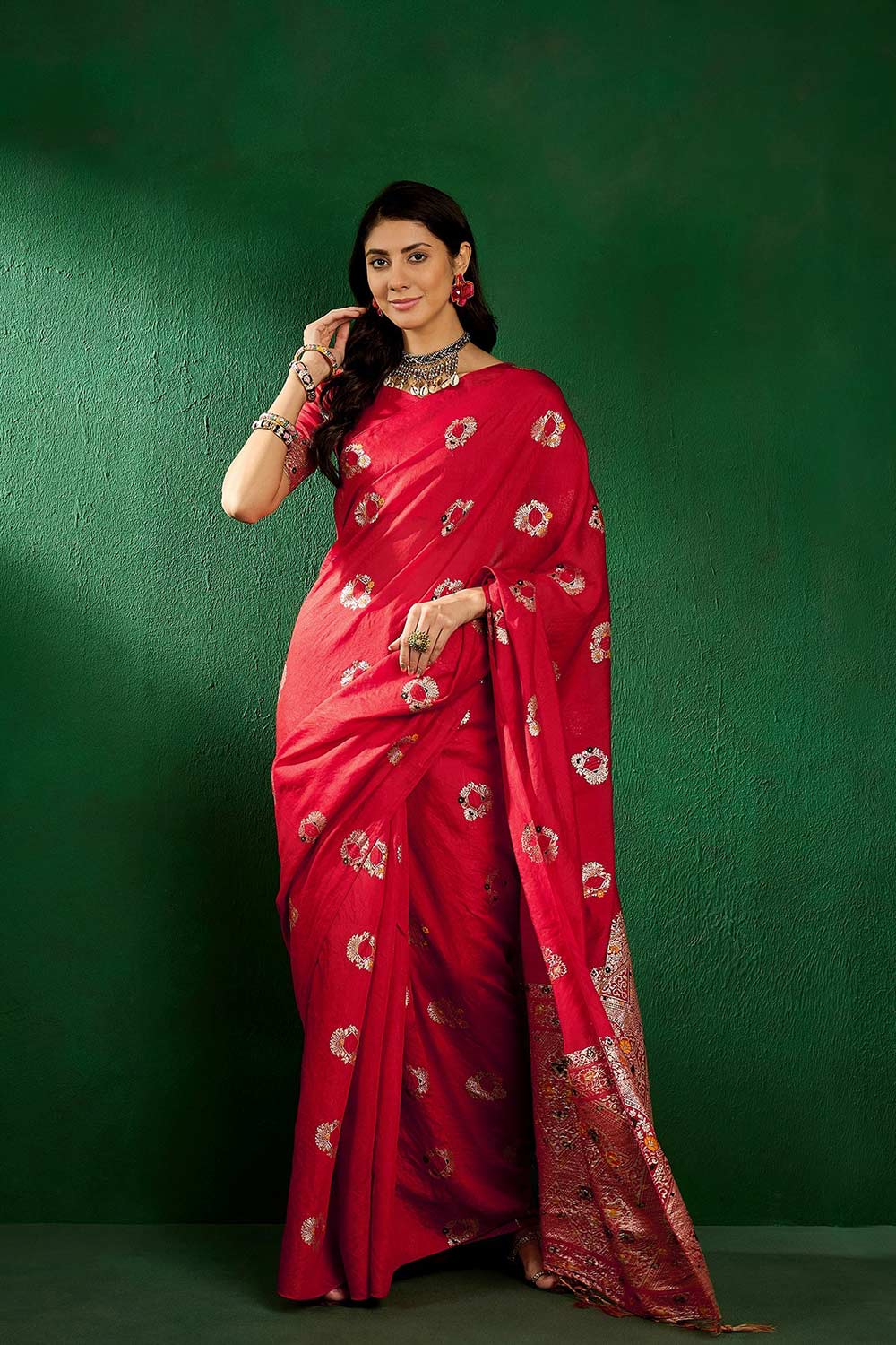 Red Cotton Blend Foil Print Saree