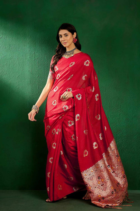 Red Cotton Blend Foil Print Saree