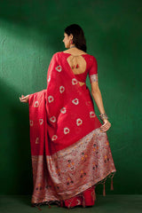 Red Cotton Blend Foil Print Saree