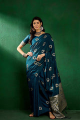 Blue Cotton Blend Foil Print Saree