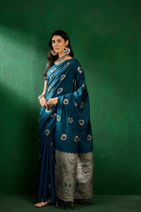 Blue Cotton Blend Foil Print Saree