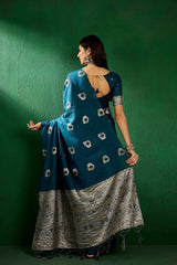 Blue Cotton Blend Foil Print Saree