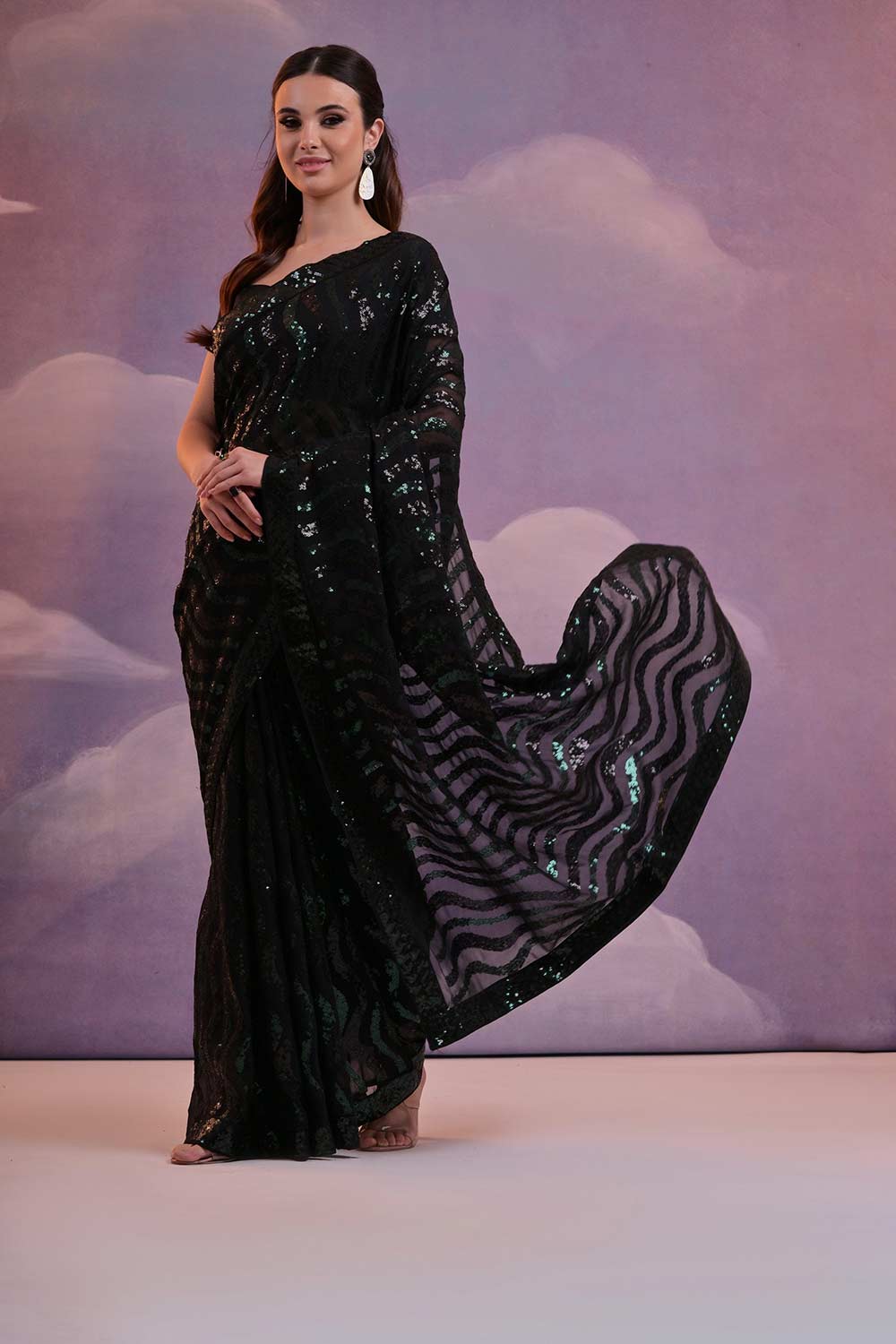 Black Georgette Mirror Sequence Saree