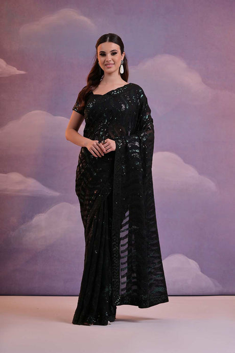 Black Georgette Mirror Sequence Saree