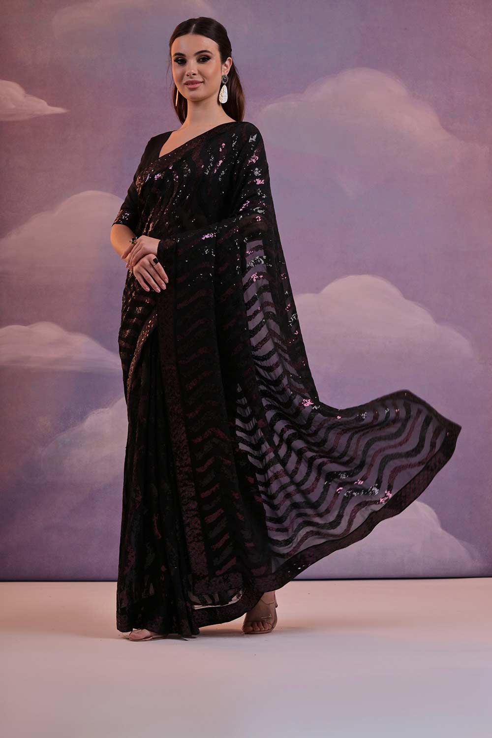 Black Georgette Mirror Sequence Saree