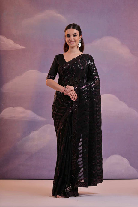 Black Georgette Mirror Sequence Saree