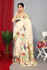 Off-White Silk Blend Zari  Saree