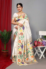 White Silk Blend Zari  Saree