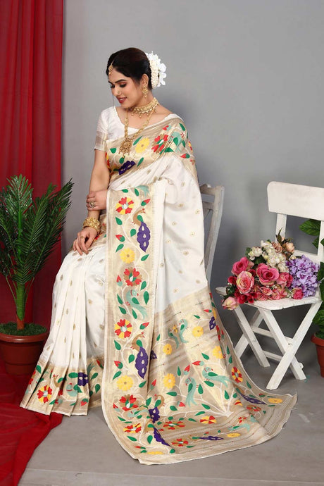 White Silk Blend Zari  Saree