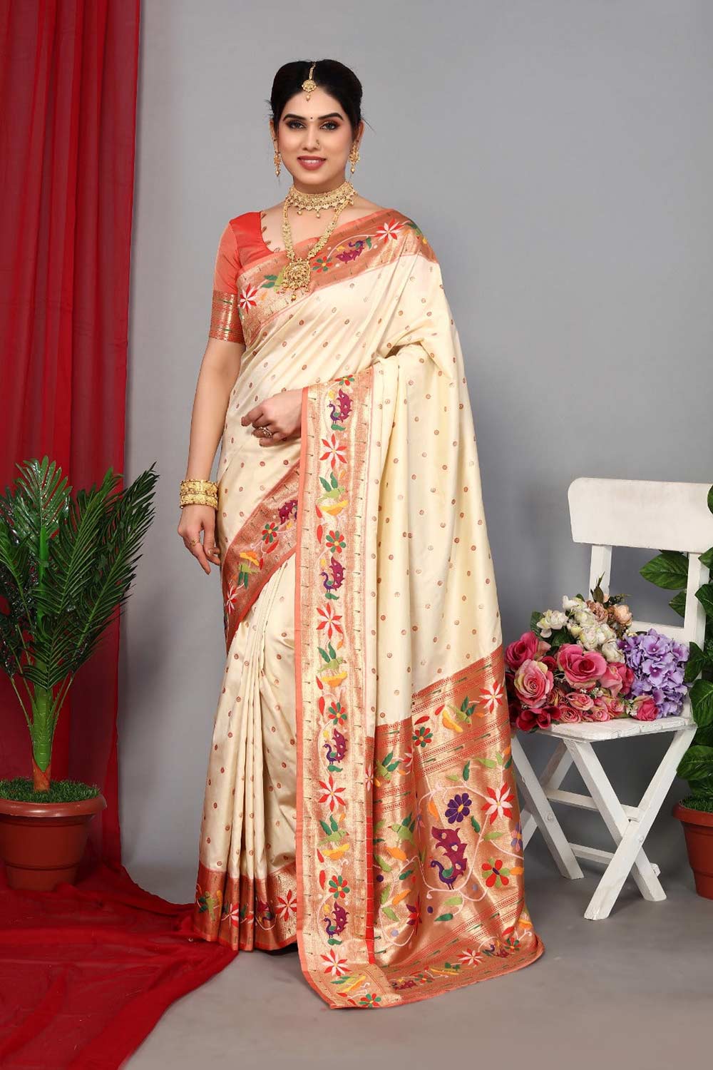 Off-White Silk Blend Zari  Saree