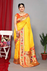 Yellow Silk Blend Zari  Saree