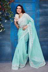 Blue Silk Blend Embroidered Saree