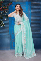 Blue Silk Blend Embroidered Saree