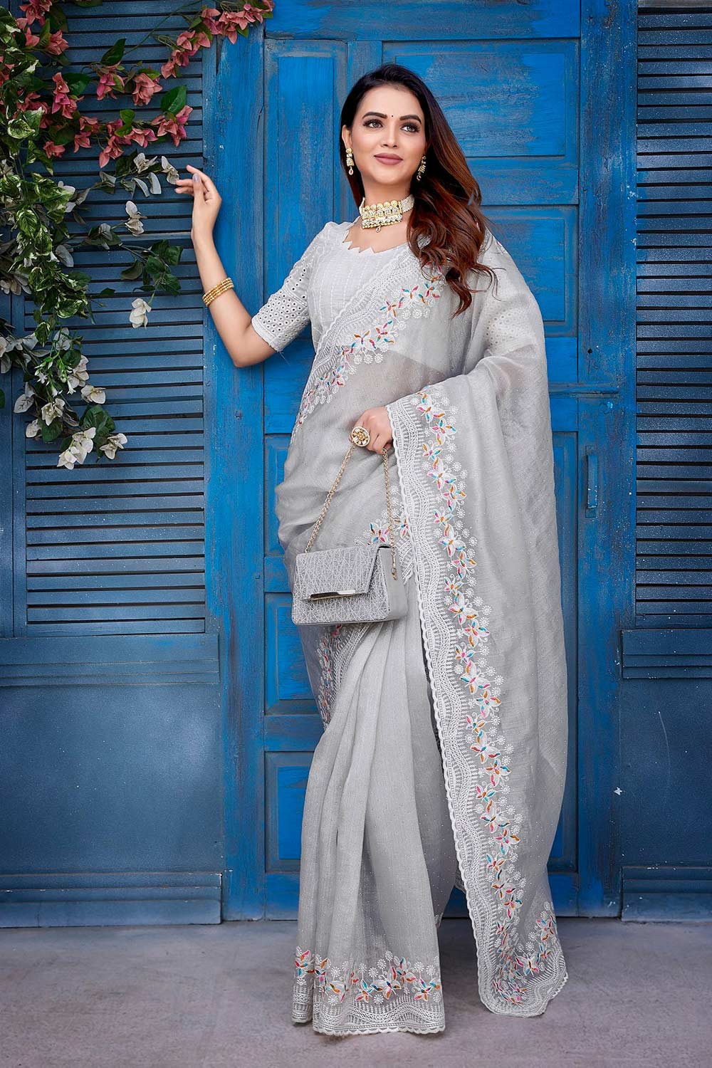 Grey Silk Blend Embroidered Saree