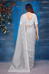 Grey Silk Blend Embroidered Saree