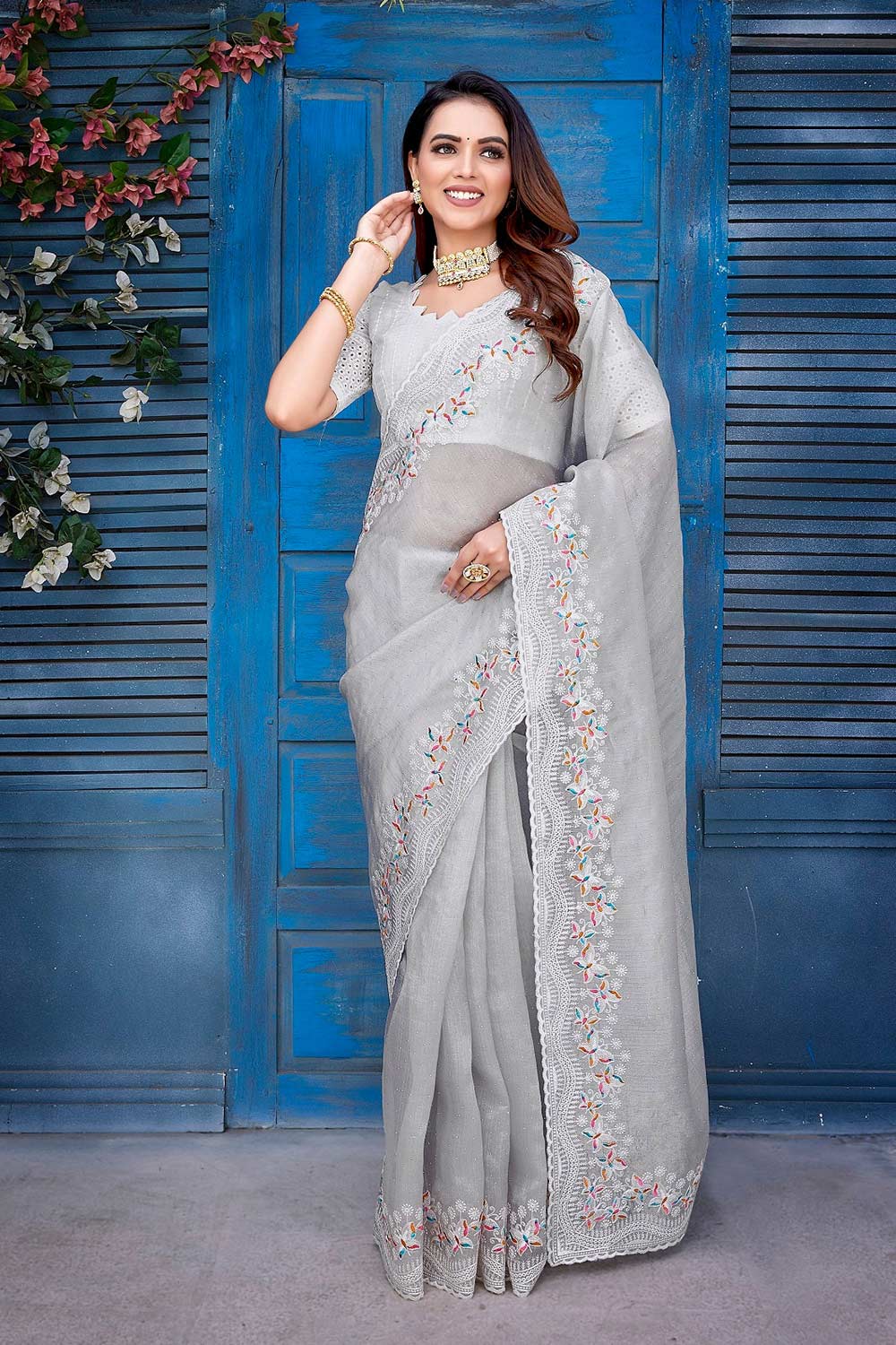 Grey Silk Blend Embroidered Saree