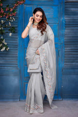 Grey Silk Blend Embroidered Saree