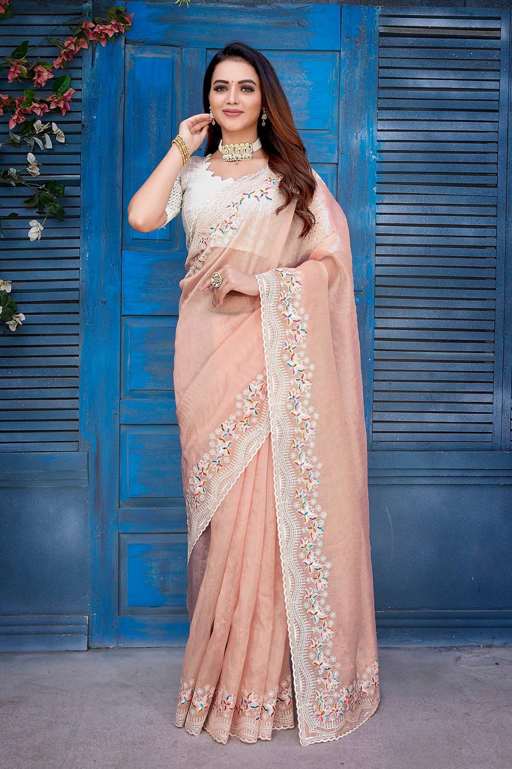 Pink Silk Blend Embroidered Saree