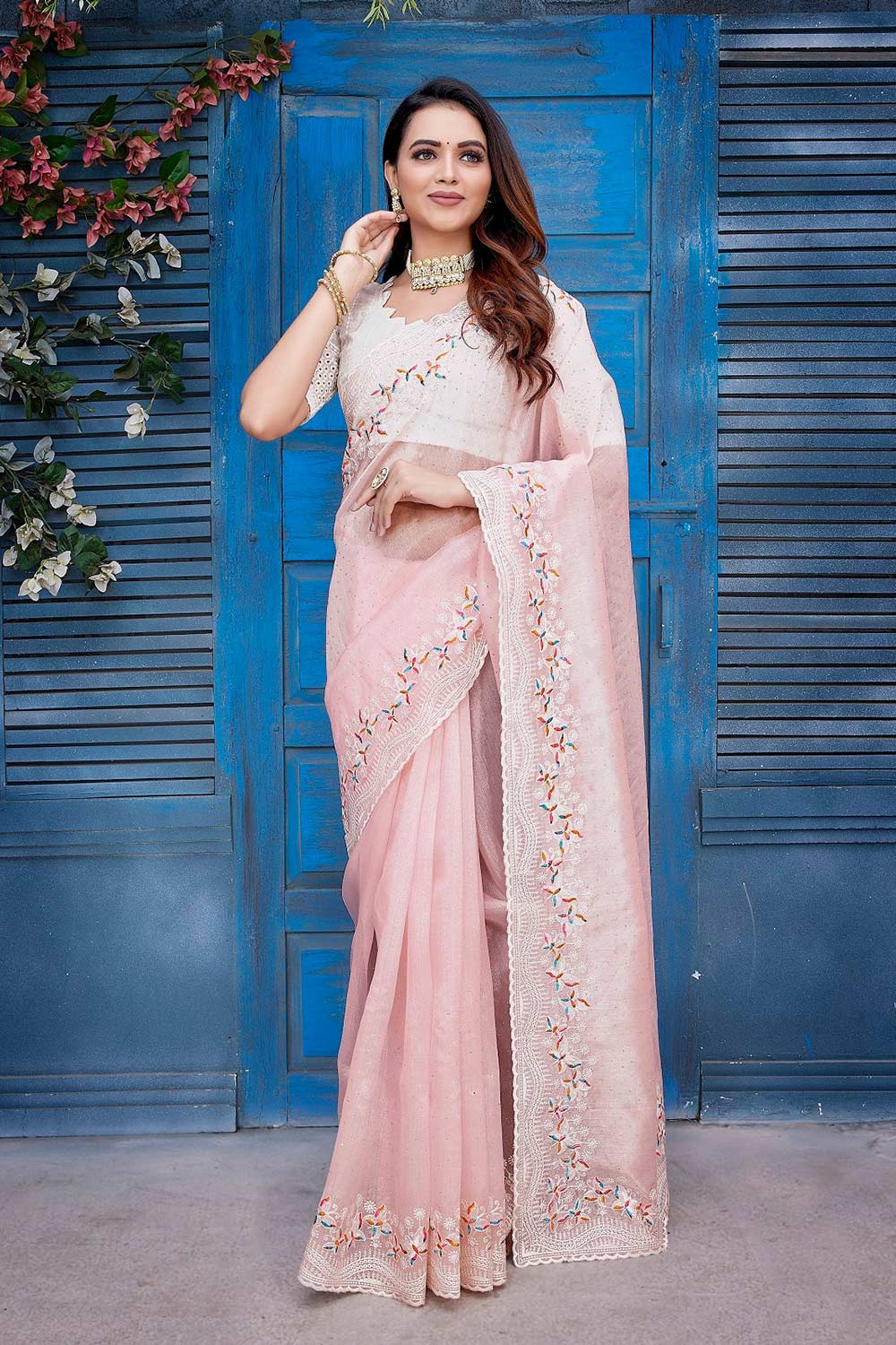 Pink Silk Blend Embroidered Saree