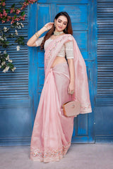 Pink Silk Blend Embroidered Saree