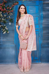 Pink Silk Blend Embroidered Saree