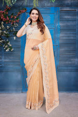 Orange Silk Blend Embroidered Saree