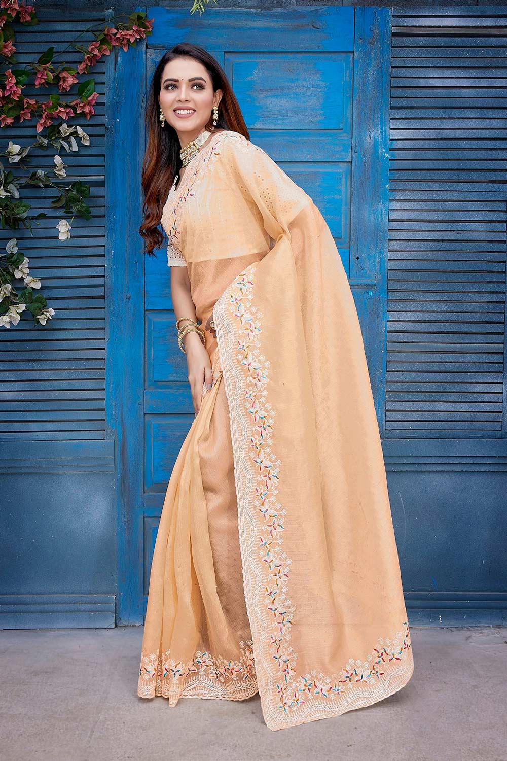 Orange Silk Blend Embroidered Saree