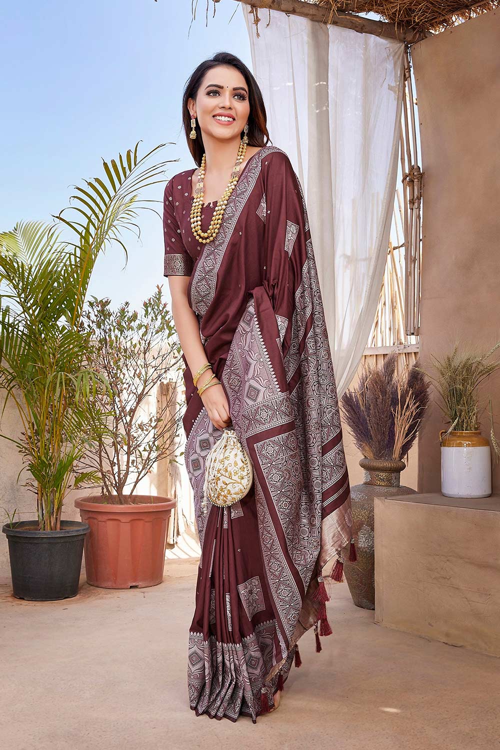 Brown Silk Blend Zari  Saree