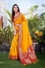 Yellow Silk Blend Zari  Saree