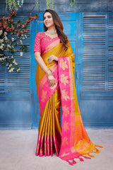 Yellow Silk Blend Woven Saree