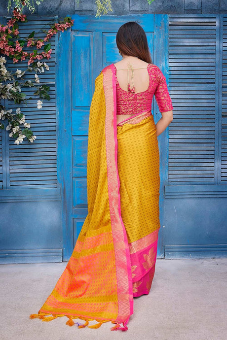 Yellow Silk Blend Woven Saree