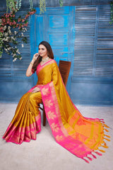 Yellow Silk Blend Woven Saree