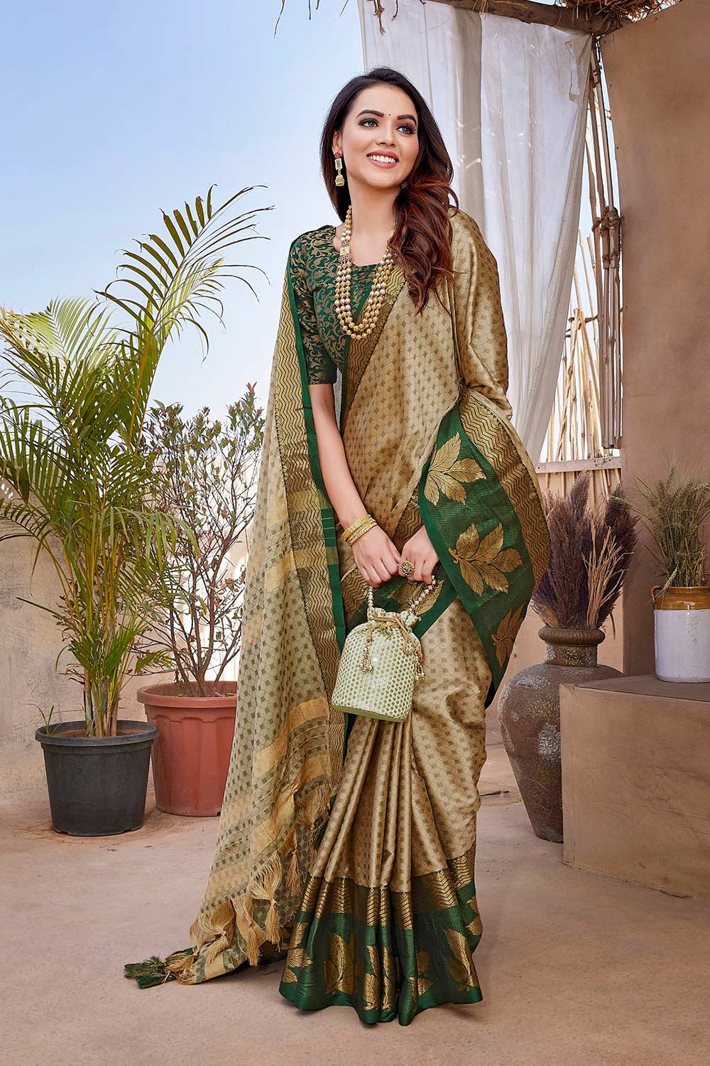 Brown Silk Blend Woven Saree