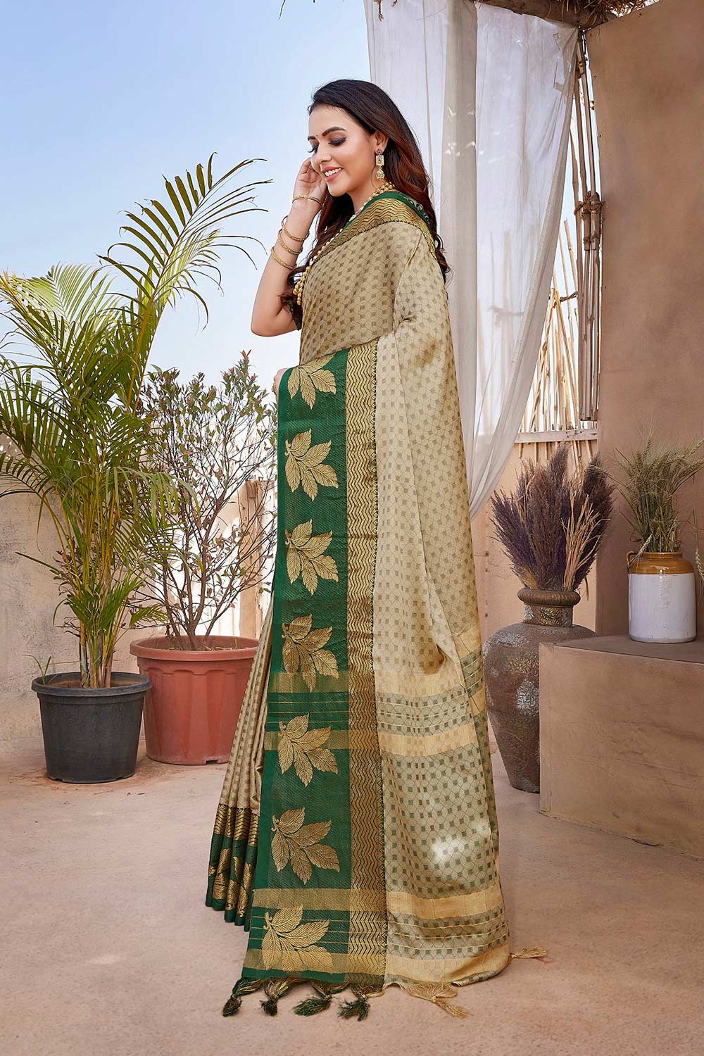 Brown Silk Blend Woven Saree