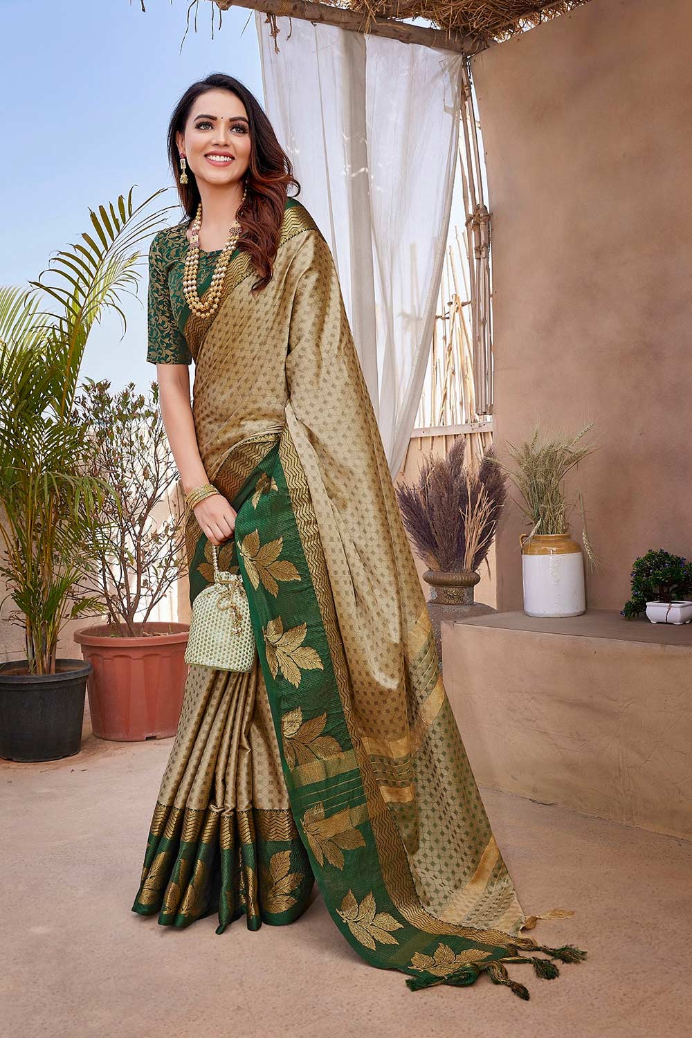 Brown Silk Blend Woven Saree