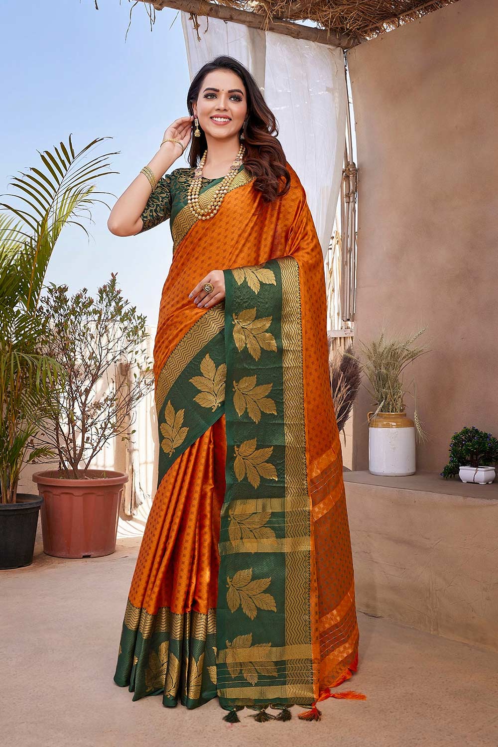 Orange Silk Blend Woven Saree