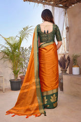 Orange Silk Blend Woven Saree