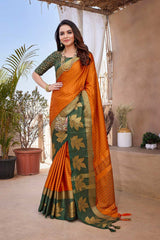 Orange Silk Blend Woven Saree