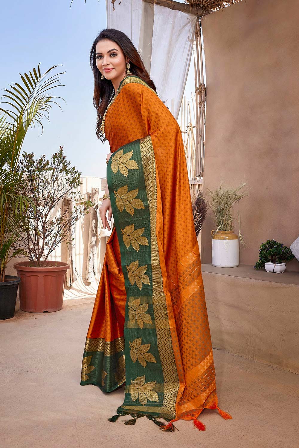 Orange Silk Blend Woven Saree