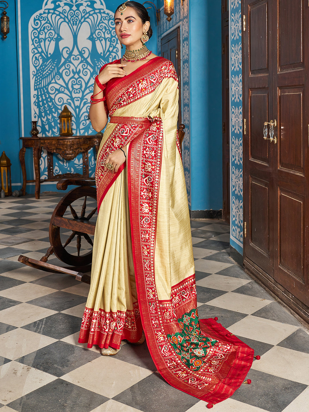 Beige Silk Printed Saree