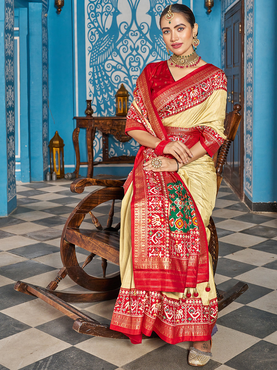 Beige Silk Printed Saree