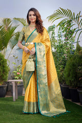 Yellow Silk Blend Woven Saree