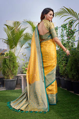 Yellow Silk Blend Woven Saree